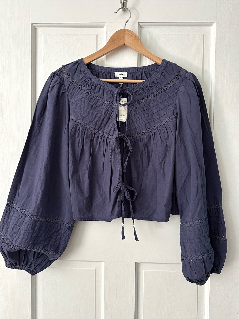 NEW! Aerie Long Sleeve Tie-Front Peasant Blouse Navy Size XS